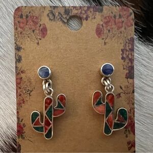 ❤️ Peruvian Inca Inlaid Spiny Malachite Lapis Saguaro Cactus 950 Silver Earrings